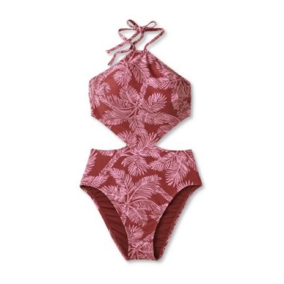 Shade and Shore swimsuit women's Medium  Halter One Piece Rust Palm Print NWT - Picture 1 of 8